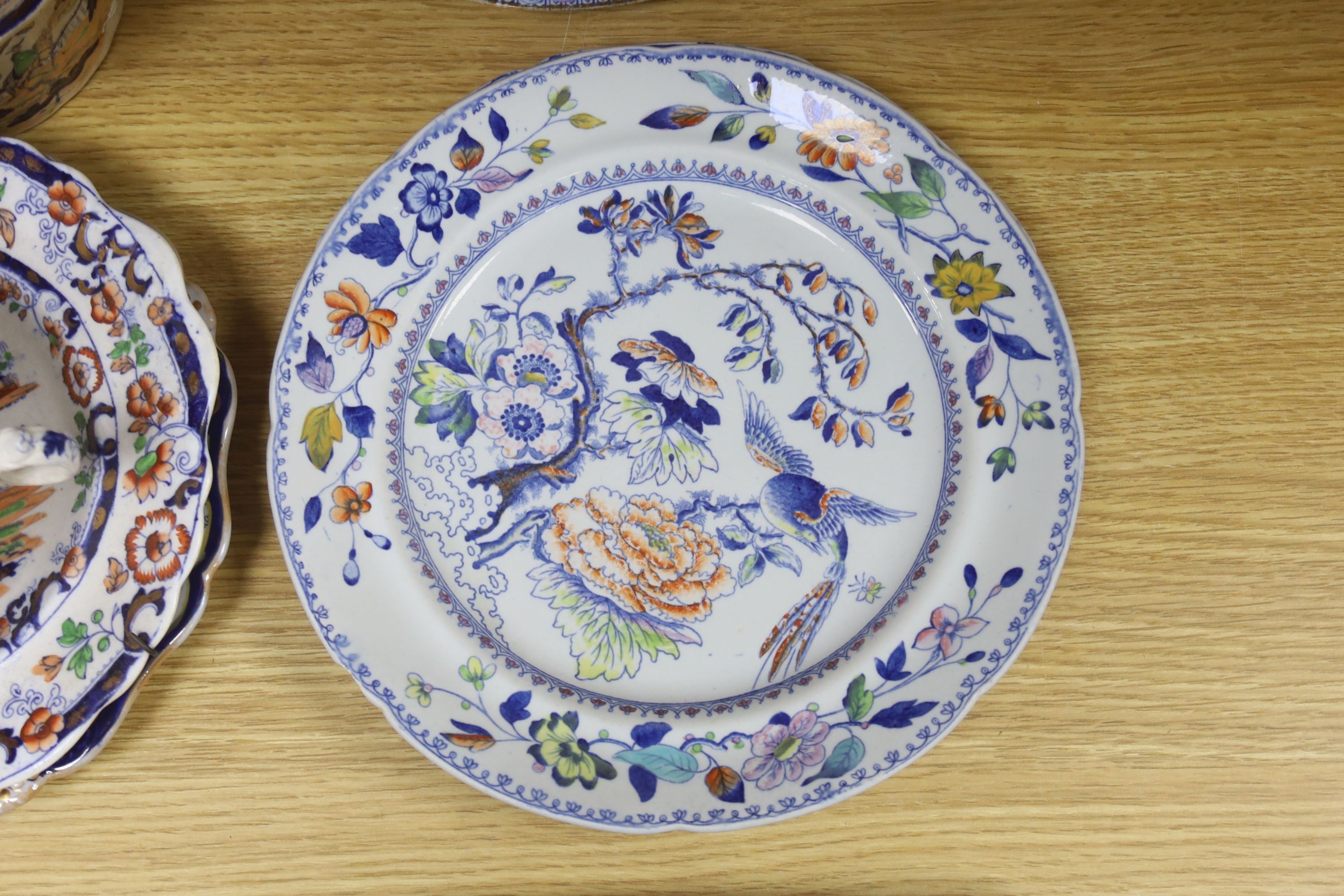 Victorian printed and enamelled tableware, including Davenport Stone China plate, 24cm